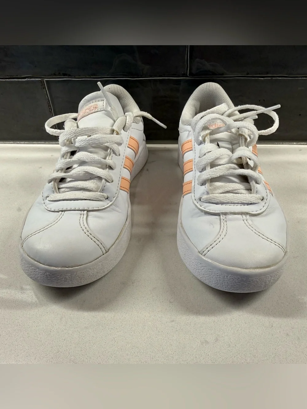 adidas Kids White Sneakers with Peach Stripes